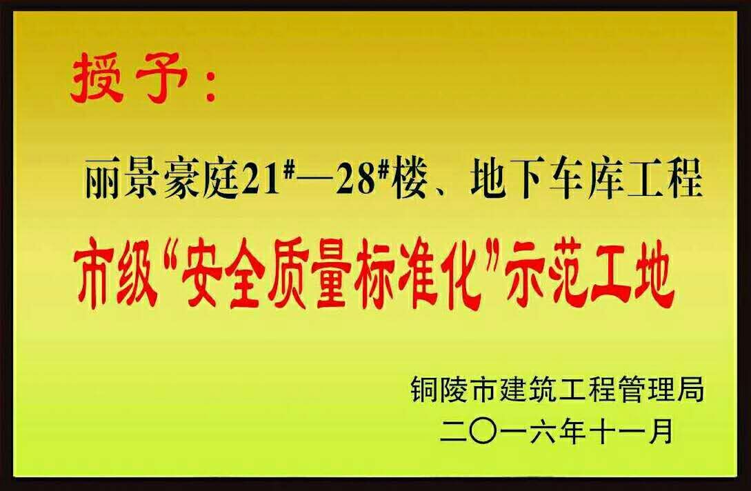 銅陵市2016年度“市級安全質量標準化示范工地”榮譽稱號